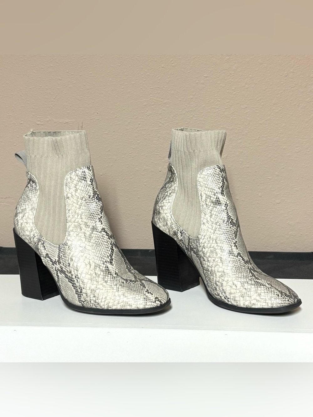 Neutral Snake-Print Sock Bootie - Women's Fashion Ankle Boots - Picture 2 of 7